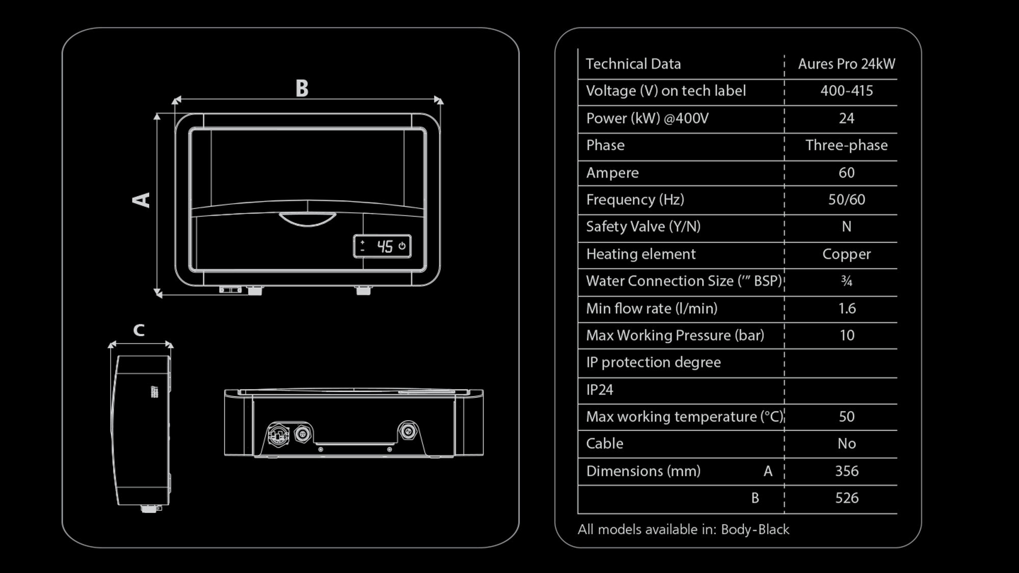 Aures Pro 24 kW Instant Electric Water Heater Specifications